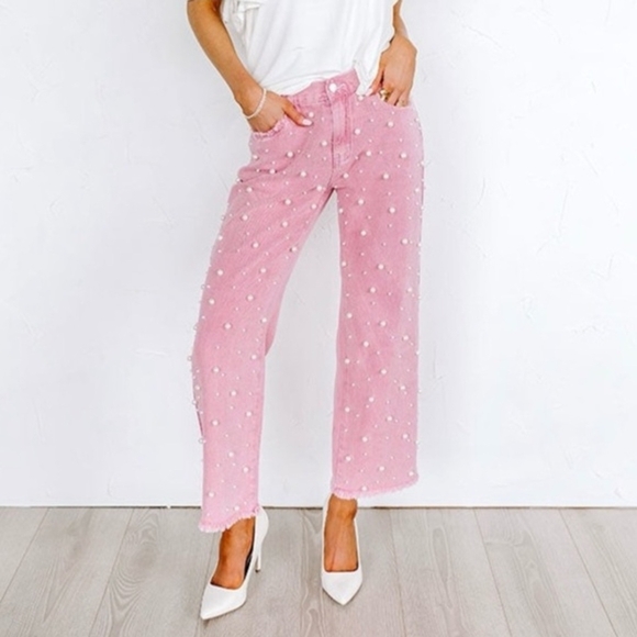 POL Denim - POL Pink Flare Pearl Embelished Jeans Sz.S Boho Barbie Y2K Denim
